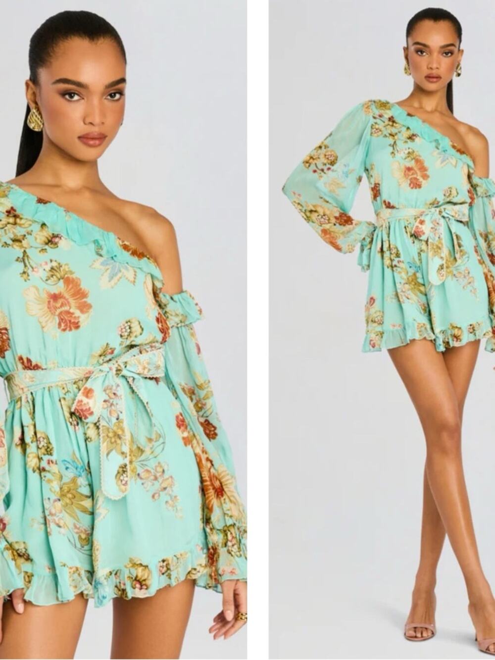HEMANT & NANDITA Rohi Floral Off the Shoulder Tie Waist Turquoise Romper Size XS